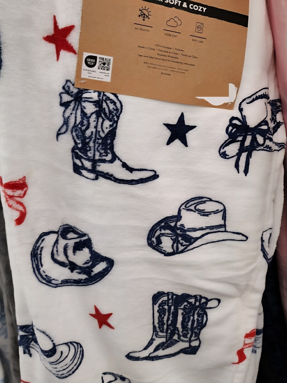 Wrangler Bows, Cowboy Hat & Boot Plush Throw Blanket in White, Navy & Red